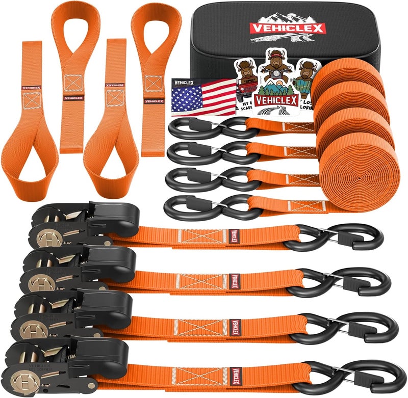 Vehiclex Ratchet Tie-Down Straps Set - (1" x 15', 2200lbs Breaking Strength) - Soft Loops, Coated S-Hooks, Storage Bag for ATV, Motorcycle, Bicycle, Kayak, Cargo Securing, Orange - Image 1